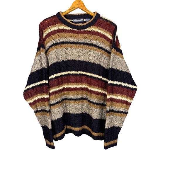 Vintage 90s Striped Sweater Chunky Knit Cozy Eclectic Soft Breathable Van Heusen - Picture 1 of 6